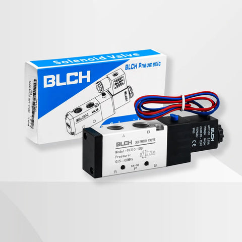 Pneumatic Solenoid Valve 2 Position 5 Way DC 24V Pilot Operated Electric Valve With Outlet Wire Includes Mufflers And Connectors One Half Inch NPT Port Pro Grade Heavy Duty Industrial Build packaging and product