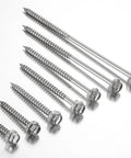 Different sizes of 100 Pcs Size 10 By 2 Inch Self Tapping Wood Screws 410 Stainless Steel Hex Head for carpentry and DIY projects.
