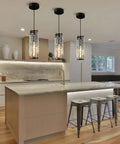 Dope Black Modern Crystal Pendant Light For Kitchen Island With Adjustable Height, K9 Crystal Beads, E27 Base hanging over island