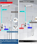 Comparison of two polished chrome 12 inch square rain shower systems with wall mount and handheld sprayer.