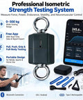 Badass Wall Mounted Isometric Dynamometer For Muscle Strength Testing With Smart App Tracking And Digital Pull Gauge Rated At 500kg showing gauge with accessories for strength testing.