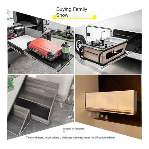 Heavy-Duty Full Extension Drawer Slides With Locking Snap-On Design And Thick Rubber Pads For Rock Solid Smooth As Butter Gliding In Twenty Inch Pull Out Cabinet Trays shown in various cabinet designs and uses.