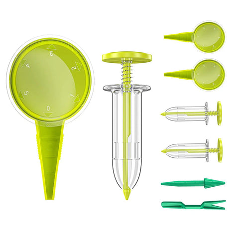Green plastic Eight Pack Seed Dispenser Set for Easy Planting with dibber, wedger, no fuss gardening tools shown in detail.
