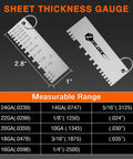 Stainless steel thickness gauge with clear scale for accurate metal sheet measurement, compact for easy carrying and durable design.