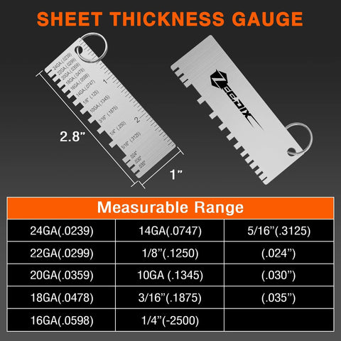 Stainless steel thickness gauge with clear scale for accurate metal sheet measurement, compact for easy carrying and durable design.