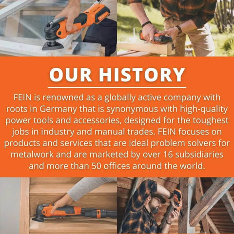 FEIN power tools in action, showcasing usage on wood and metal, highlighting company history and global reach.
