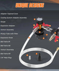 Front view of coolant vacuum refill kit with pressure gauge, orange regulator, clear tubing, and multiple adapters