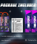 7.4V 2S 5200mAh 80C LiPo RC Battery With Hard Case And T Connector For 1 8th Scale And 1 10th Scale RC Cars And Trucks Dual Pack shown with manual and packaging