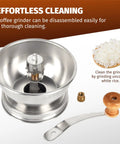 Stainless steel manual grinder with ceramic burrs and handle for Wide Mouth Mason Jar Coffee Grinder Lid Attachment With Ceramic Burrs.