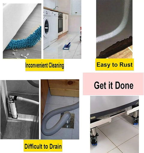 Image showcasing challenges of appliance cleaning, highlighting issues like rust, drainage, and cleaning convenience with Rock Solid Adjustable Washing Machine Base With Casters Universal Dryer And Fridge Rolling Cart Featuring Locking Swivel Wheels Smooth Ride Appliance Dolly For Garage Or Laundry Room.