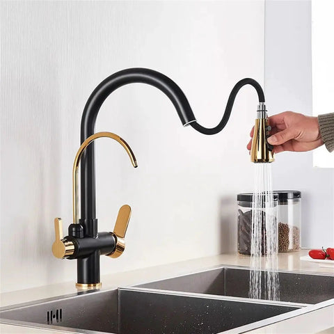 Modern d/Black/Ch Kitchen Faucet - Pull Out Water Filter Tap2/3 Way Cold Mixer Sink C for Clean Drinking WaterDesign for Ele Kitchens (Bei Dots) with golden accents.