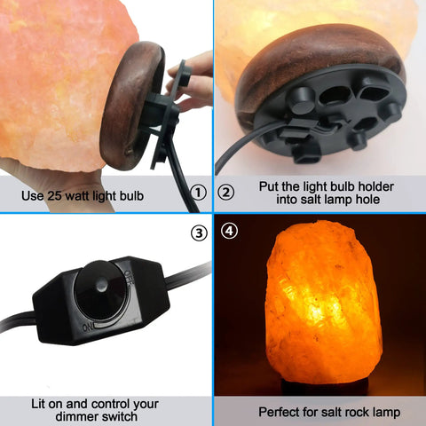 Himalayan Salt Lamp Cord With Dimmer Switch Kit Six Foot Long with base and 25W bulbs shown with assembly steps.