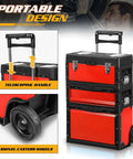 Heavy Duty Rolling Tool Chest With Three Tier Stackable Design On Wheels For Tools And Small Parts, shown with telescopic handle and caster wheels.