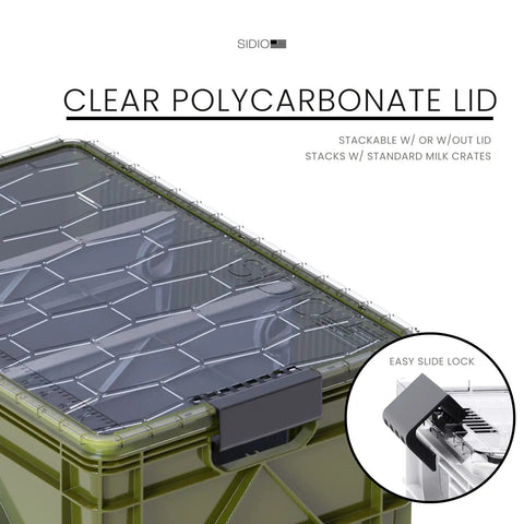 Close-up of clear polycarbonate lid on Heavy Duty Stackable Storage Crate Set With Removable Clear Lids And Adjustable Divider Panels.