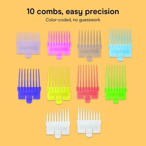 Rechargeable Hair Clippers Kit With Color Coded Guide Combs 17 Pieces showing 10 colorful combs for precise barber quality cuts