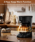 Compact 5 Cup Drip Coffee Maker With Programmable Timer, Two Hour Auto Power Off, Black coffee machine on kitchen counter