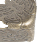 Close-up of Old School Antique Style Iron Corner Protector with engraved design, dark brown finish for vintage wooden boxes.