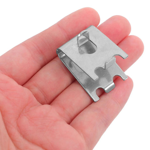 Stainless Steel Fridge Shelf Support Clip in hand, brushed finish, heavy duty for safe storage and space utilization, 8 pack