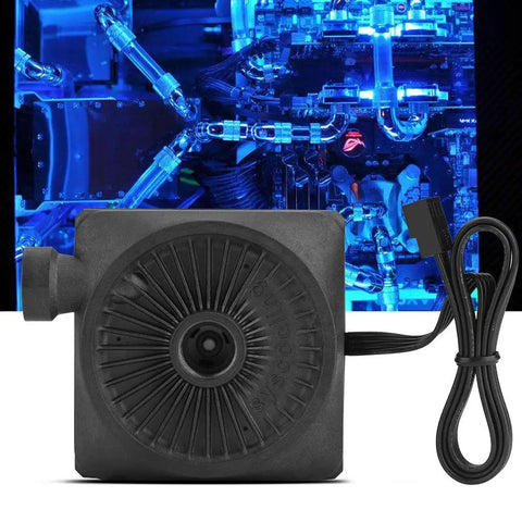 Heavy Lift Slick 12V CPU Water Cooling Pump With 500L Flow Rating And 25DB No Drama Quiet Operation Crafted For Custom PC Liquid Cooling Rigs Today, close-up view of pump.