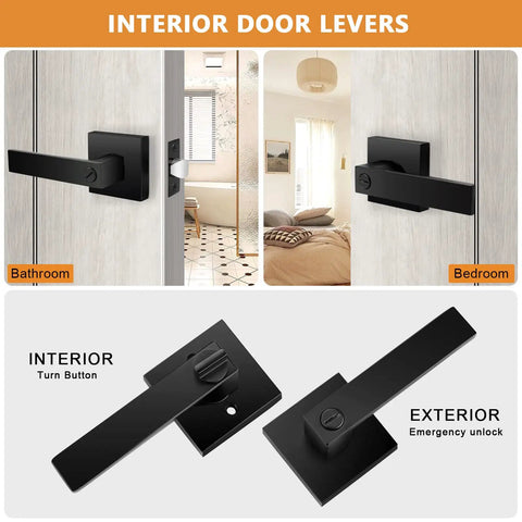 Rock Solid Matte Black Interior Door Handles With Reversible Push Button Lockset Built Tough From Heavy Duty Zinc Alloy For Bedroom And Bathroom Privacy Hardware Eight Pack showing bathroom and bedroom lever sets.