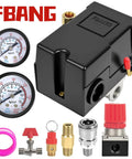 Air Compressor Pressure Switch Regulator Kit With 90 To 120 PSI Gauge And Fittings Set shown with red and black casing and accessories.