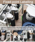 Close-up of Heavy Duty Desktop Automatic Round Bottle Labeling Machine With Chain Plate Conveyor, showcasing fixed-point labeling mechanism.
