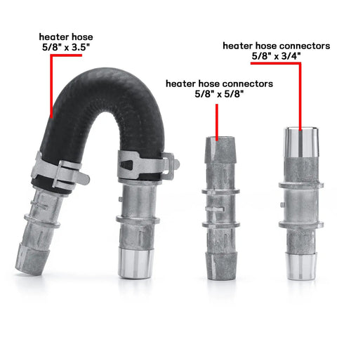 Universal Engine Heater Core Bypass Kit With Heavy Duty Coolant Hose Connectors For Quick Radiator Flush and Complete Cooling System Refresh, showcasing a 5/8" heater hose and connectors.