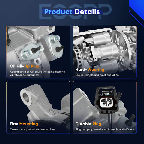 Product details of Heavy Duty Ac Compressor With Clutch Bulletproof Cooling Swap For Cadillac Cts, showing oil fill plug and mounting features.