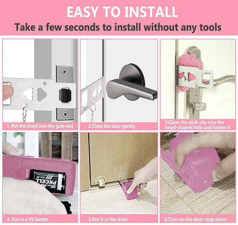 Installation steps for Pocket Door Lock And Alarm Dual Protection For Hotels And Travel Stays Pink Portable Door Stop Self Defense Tool