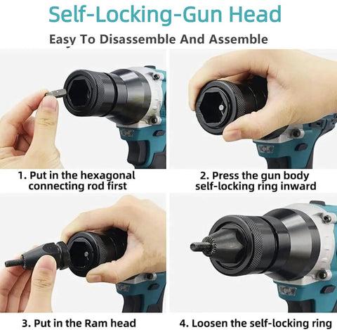Self-locking gun head assembly process for Total Badass Cordless Automatic Rivet Nut Gun With Brushless Motor And Portable Blind Riveting Tool Kit.