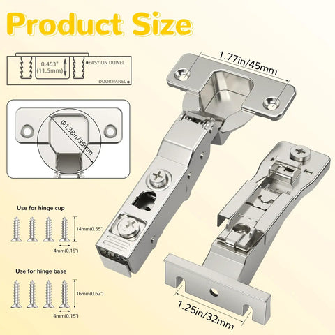 Premium 4 Pack Soft Close Cabinet Hinges For Face Frame Inset Doors showing detailed dimensions and installation instructions.