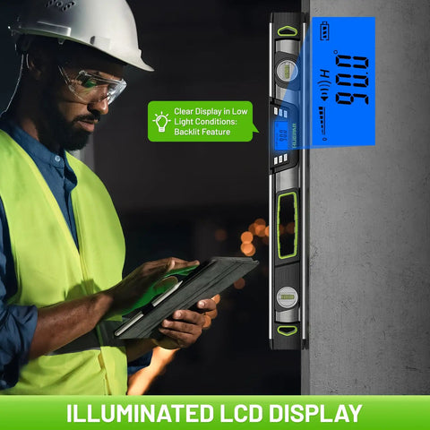 Dead Nuts Precise Magnetic Torpedo Level 24 Inch Machined Aluminum Spirit Square With Rapid Sight Digital Display in use with backlit features