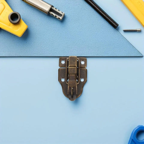 Awesome 12 Piece Retro Toggle Latch Set In Antique Iron Hasp Catch Perfect For Jewelry Box Decor Projects And Wooden Treasure Locks. Antique iron latch with screws on blue background