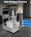 Pro Chef Grade Industrial Deep Fryer Oil Filter Cart With 55 Gallon Stainless Steel Mobile Tank in use, filtering oil in restaurant kitchen.