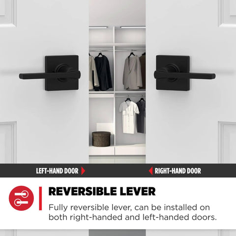 Smooth Operator Non Locking Passage Door Lever In Matte Black With Dual Compression Springs That Never Sag Straight for reversible installation.