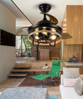 Dope Farmhouse Style Ceiling Fan With Light Black Cage Design Remote Control Retractable Blades 6 Speed Reversible Motor in living room