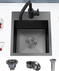 Top view of Single Bowl Undermount Bar Sink in Brushed Nickel 15 inch by 15 inch 18 gauge 304 stainless steel with accessories