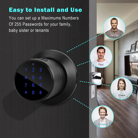 Smart Fingerprint Door Knob With Tuya App Control 4 In 1 Unlock Fingerprint Password Key Bluetooth, installed on a door.