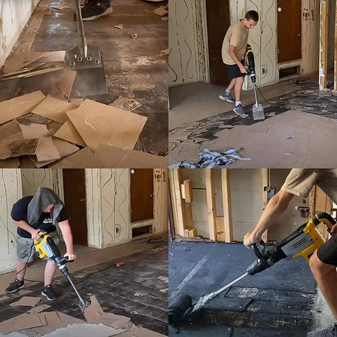 Using Rugged SDS Max Floor Scraper with 25 inch handle and 6 inch wide blade for quick removal of floor coverings in renovation