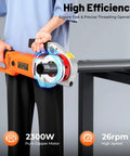 Rock Solid Electric Pipe Threader With Six Die Set covers half to two inch pipes, 2300W motor in use threading a conduit.