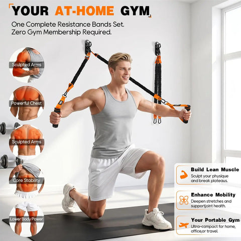 Heavy Duty Stackable Resistance Bands With Wall Anchor And Door Mount For Home Gym Upgrade in use by man with ergonomic foam handles.