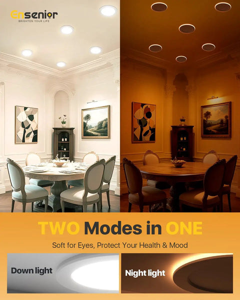 Sweet Setup 12 Pack 4 Inch LED Recessed Ceiling Lights With Built In Amber Glow And Zero Sweat Dimmable 5Cct Control showcasing down and night light modes.