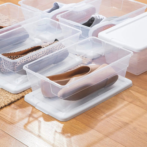 Hella Convenient 6 Qt Clear Stackable Storage Containers With Snap Close White Lids Bpa Free Plastic Bins For Home And Classroom Organization 60 Pack Crushes Mess Instantly holding shoes.