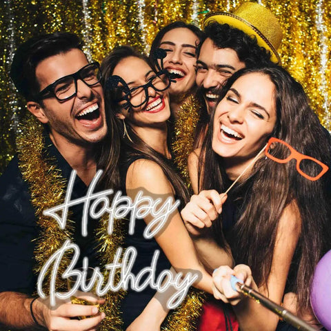 Group celebrates with Happy Birthday Neon Sign LED Light, Large Silicone Neon, 16.9 X 6.7 Inches, Party Ready Backdrop