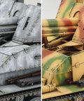Close-up of Marder III German Tank Destroyer Model Kit One Thirty Fifth Scale Plastic Assembly showing different paint schemes