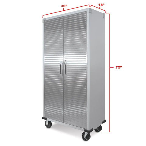 Rock Solid Built Tough Steel Rolling Storage Cabinet With Lockable Double Doors Adjustable Shelves And Heavy Caster Wheels For Garage Shop Organization Granite Finish, 36x18x72 inches.
