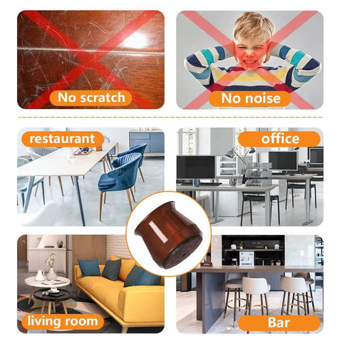 Heavy Duty Silicone Chair Leg Protectors With Felt Bottoms keep hardwood floors pristine, shown in various settings like office and restaurant.