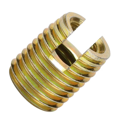Heavy Duty 20Pcs Self Tapping Thread Inserts Made From Strong Carbon Steel With Yellow Zinc Plating For Durable Hardware Repair Projects And Fastening Jobs close-up of insert showing threads and yellow zinc coating.