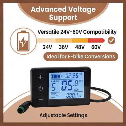 Two Point Five Inch Backlit LCD Display For Electric Scooters, Crisp Speedometer Odometer And Voltage Meter shown.