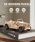3D Wooden Puzzle Car Model Kit for Adults, Vintage Pull Back Car Build Set With 65 Parts, Easy 1 to 2 Hour Assembly, Classic Retro Auto Design for Hobbyists and Collectors. 7.3in wooden car model on display box
